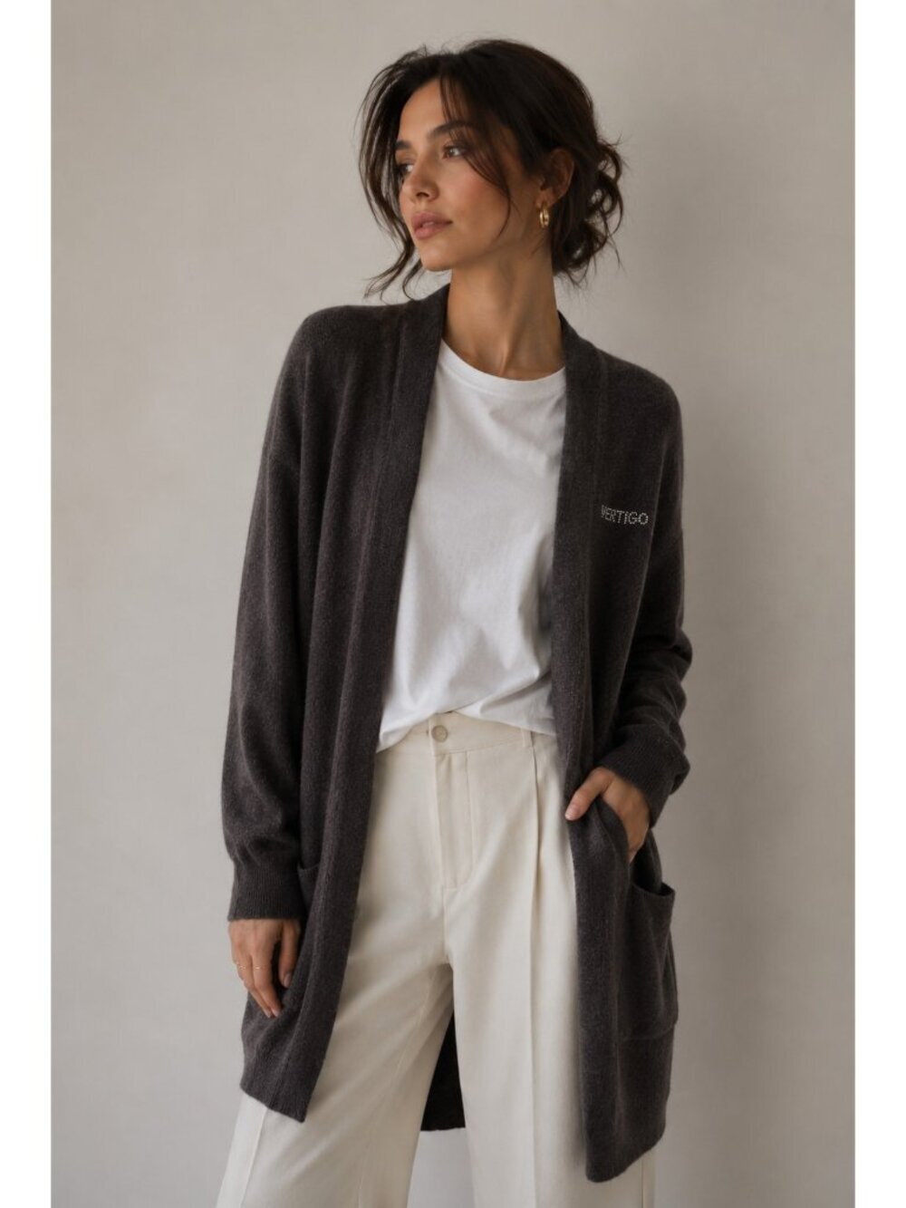 Vertigo Paris Angora Wool Blend Open Front Long Cardigan Sweater Brown XL Pocket